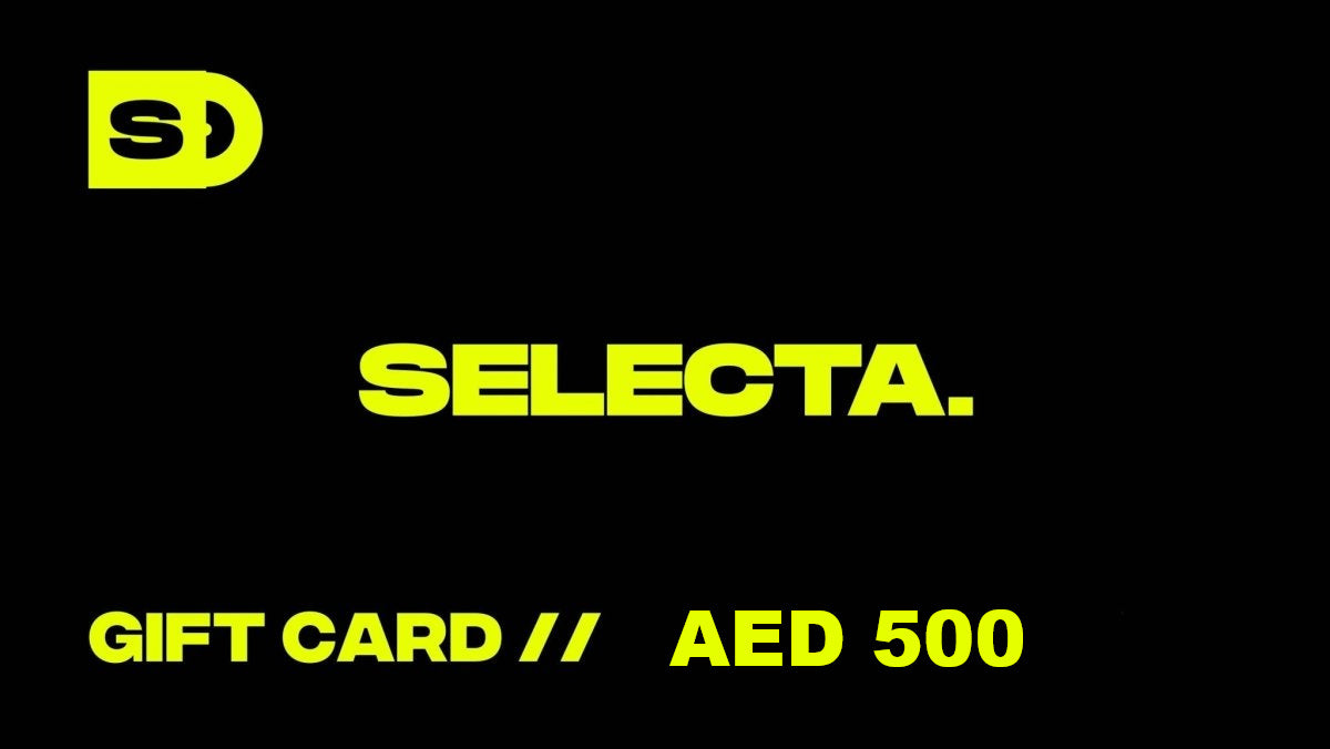 A black gift card graphic with a bright yellow logo in the top left, the word 'SELECTA.' centered, and 'GIFT CARD // AED 500' at the bottom.