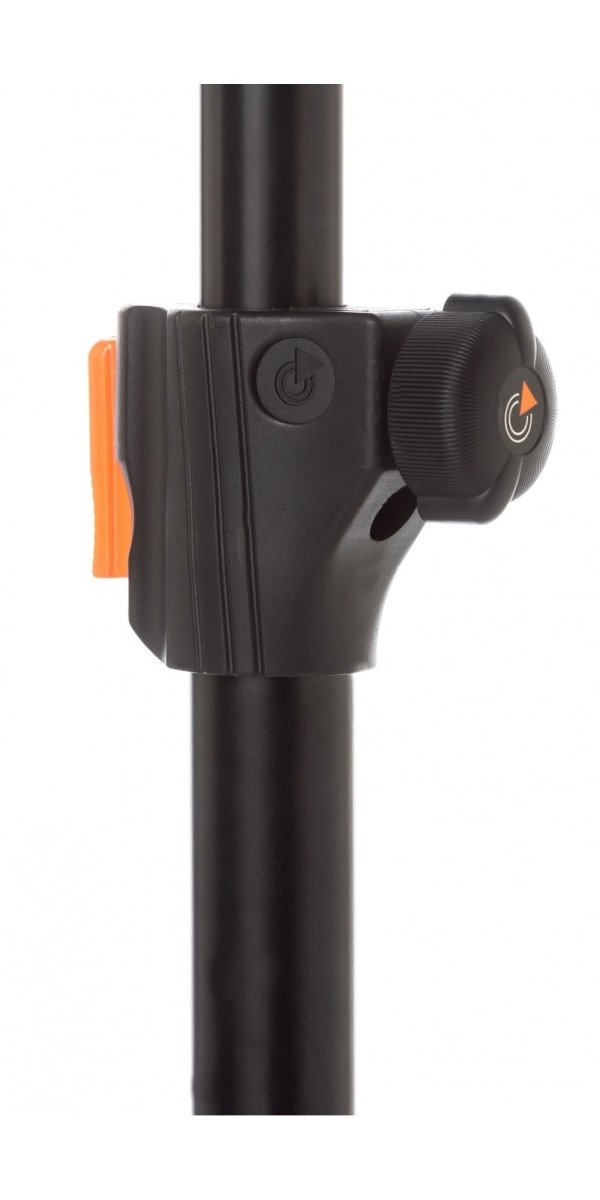 The Bespeco PN90FL monitor stand, featuring a secure push-button and safety knob for precise height adjustment.