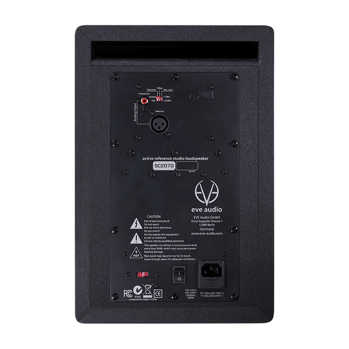Rear panel of the EVE Audio SC2070 monitor, displaying the XLR and RCA inputs and the rear-firing bass port.