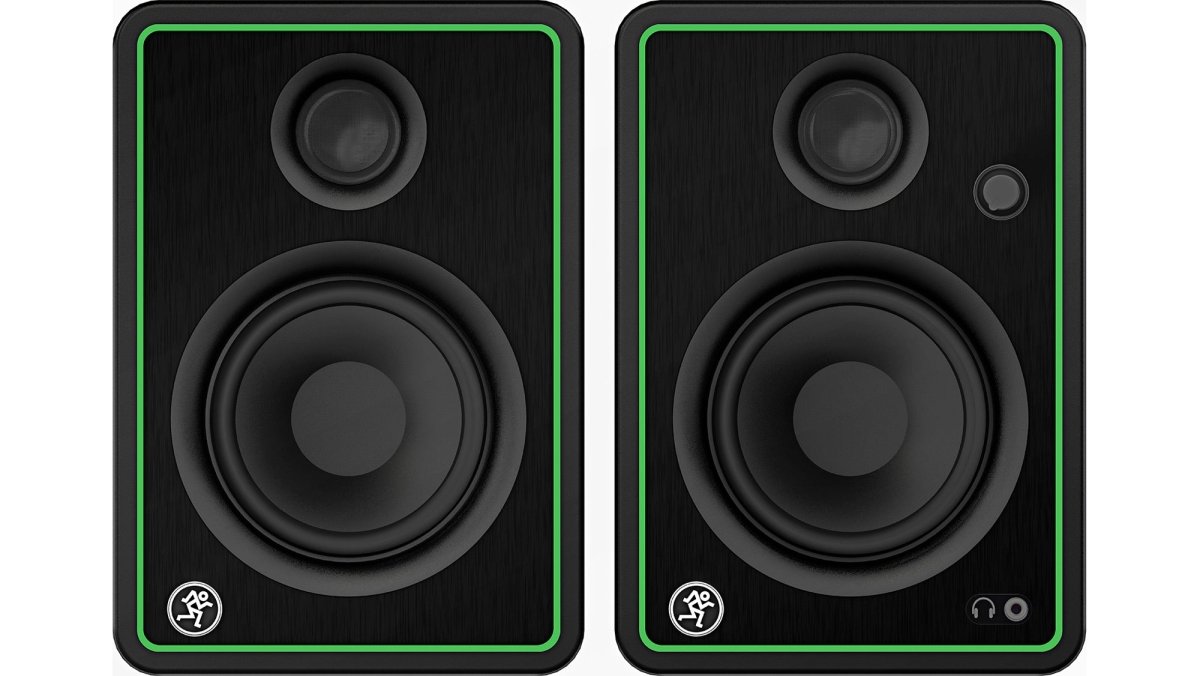 A pair of Mackie CR4-XBT 4-inch multimedia monitors, featuring Bluetooth for wireless streaming from any device.