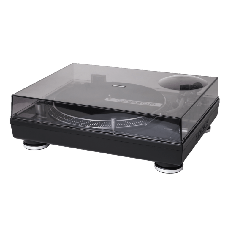 A transparent plastic Reloop dust cover, molded to fit and protect RP-7000 and RP-8000 series turntables from dust.