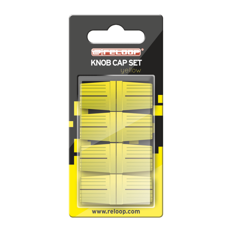 A full set of eight bright yellow Reloop knob caps, designed for the rotary controls on DJ mixers and controllers.