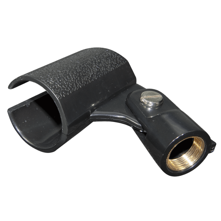 The Reloop Microphone Holder PRO II, a sturdy black metal clamp for attaching a microphone to a DJ booth, desk, or stand.