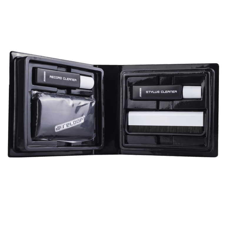 A complete cleaning kit by Reloop for vinyl records and styli, designed to remove dust and static for clear audio.