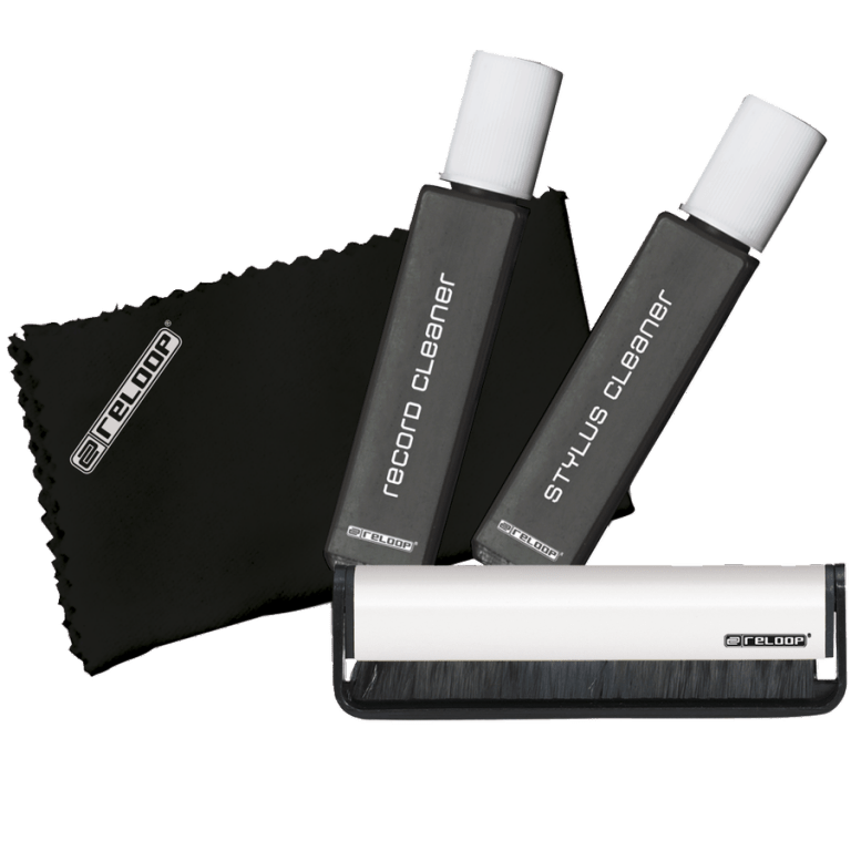 The Reloop vinyl record cleaning set, including a carbon fiber brush, cleaning fluid, stylus brush, and a soft cloth.