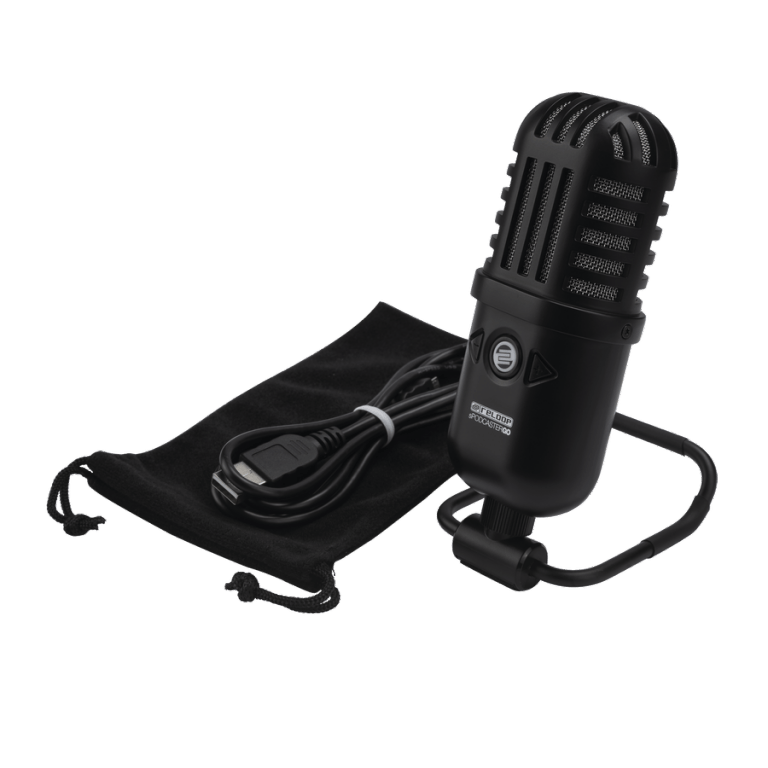 The sleek, black Reloop sPodcaster Go microphone with its included pop filter, ready for plug-and-play studio recording.