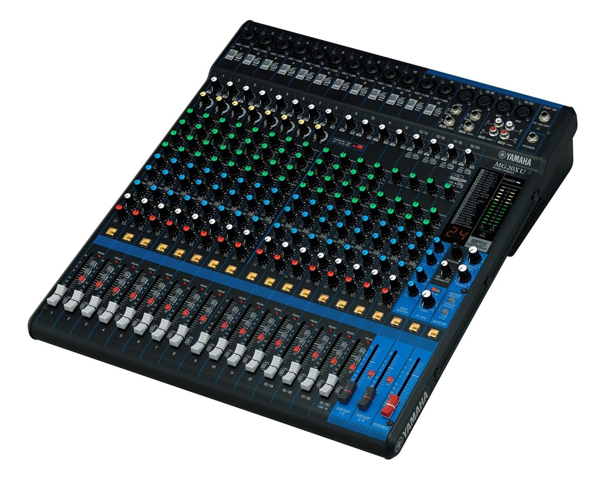 Top-down view of the Yamaha MG20XU mixer, showing its 20 channels of faders, EQ knobs, and master section.