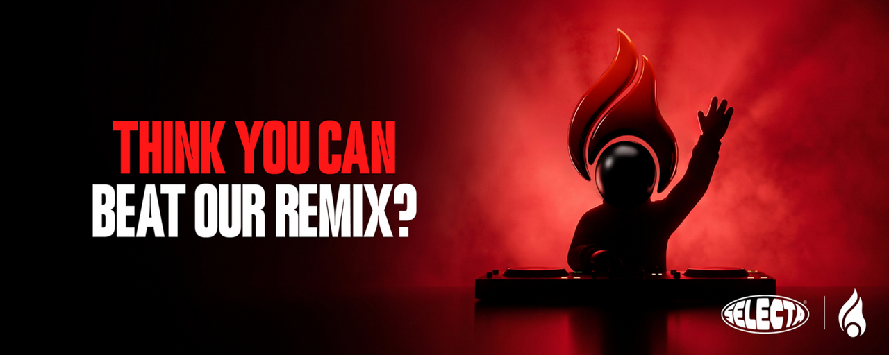 Promotional graphic with the text 'THINK YOU CAN BEAT OUR REMIX?' in red and white on a dark background, alongside a stylized DJ silhouette with a flame-shaped headpiece and the Elect1 logo in the bottom right.