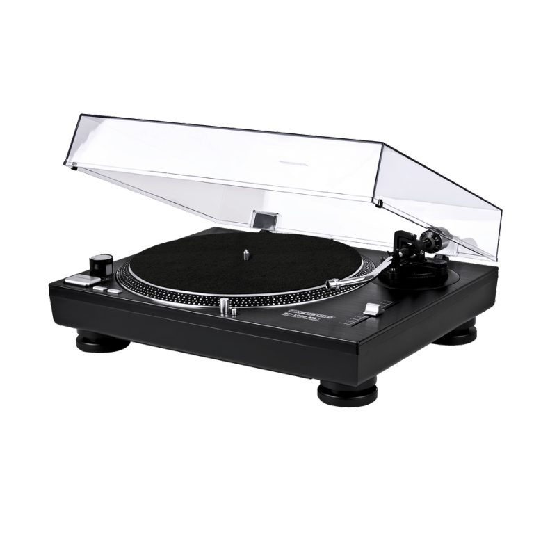 The Reloop RP-4000MK2 turntable shown with a durable Decksaver cover shielding its platter, tonearm, and controls.