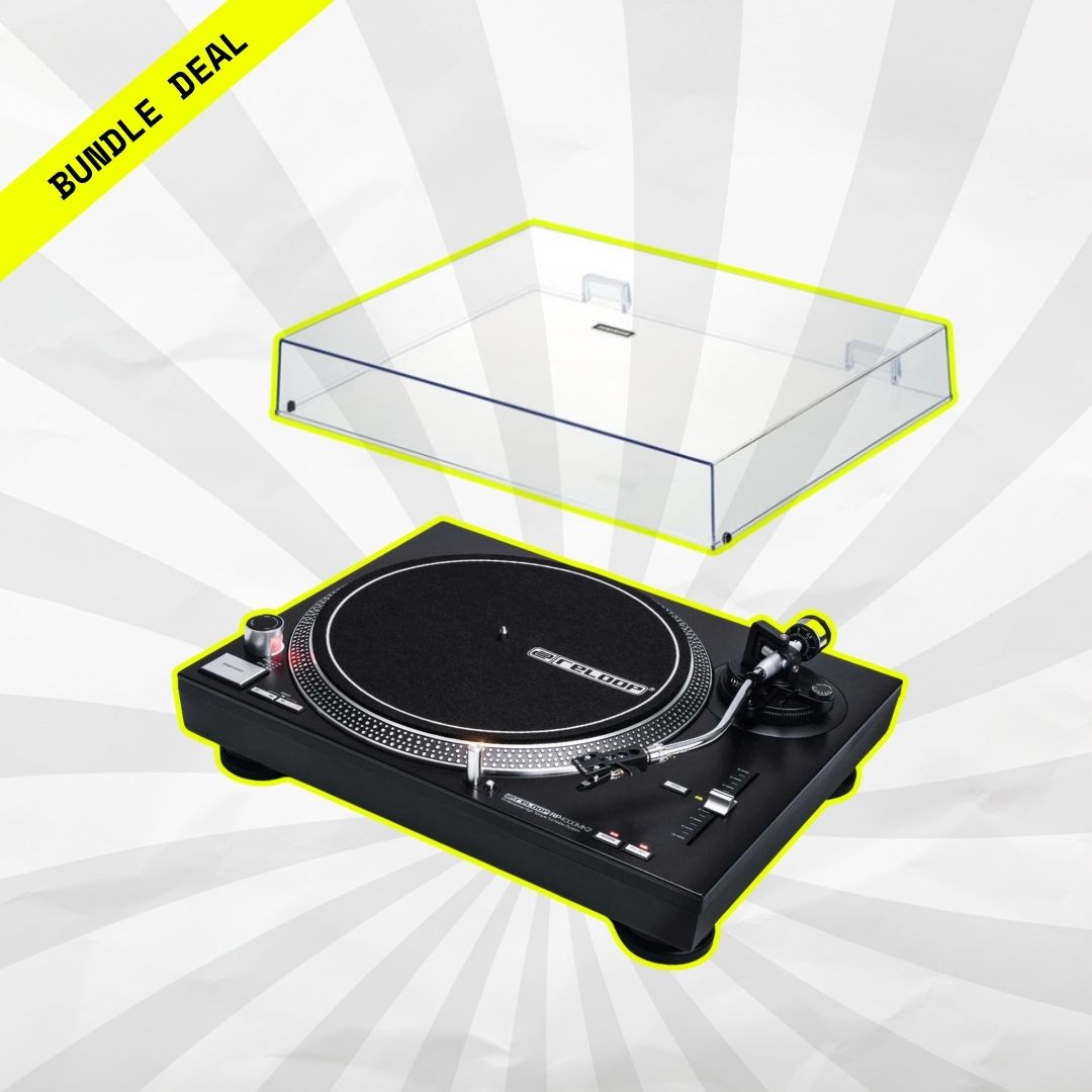 A Reloop RP-4000MK2 direct-drive DJ turntable bundled with a custom-fit, transparent Decksaver protective cover.