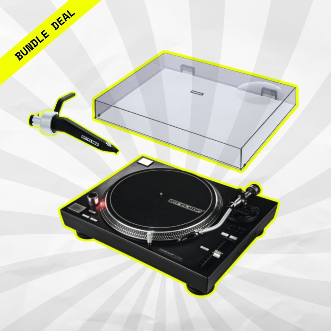 A complete DJ setup: the Reloop RP-7000MK2 turntable with cartridge, protected by a transparent Decksaver cover.
