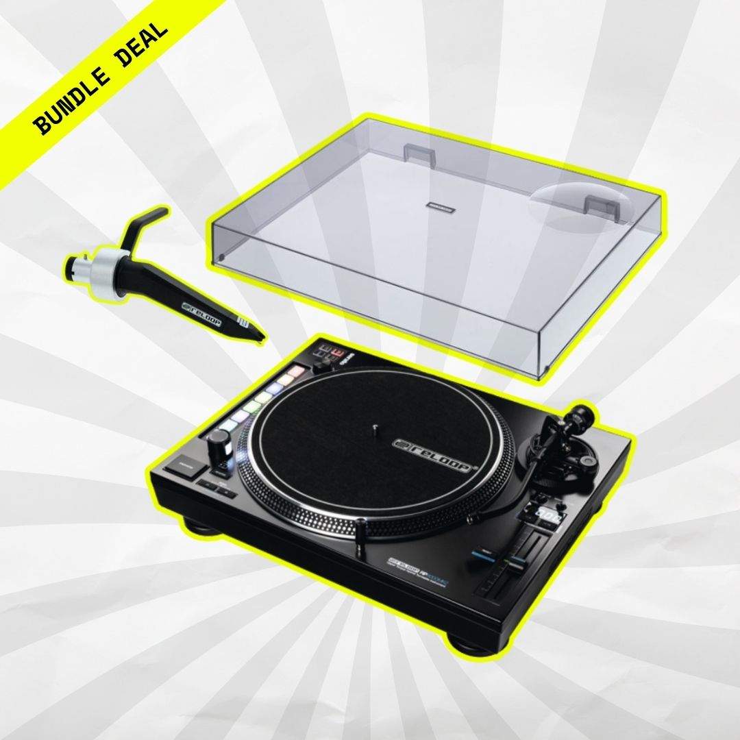 The Reloop RP-8000MK2 hybrid turntable with MIDI pads, bundled with a DJ cartridge and a protective Decksaver cover.