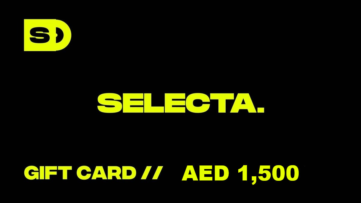 A black gift card graphic with a bright yellow logo in the top left, the word 'SELECTA.' centered, and the text 'GIFT CARD // AED 1,500' at the bottom.