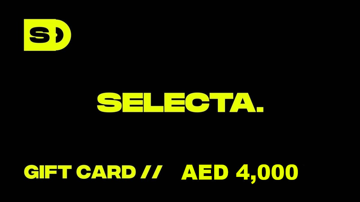 A black gift card graphic with a yellow 'SD' logo in the top left, large 'SELECTA.' text in the center, and 'GIFT CARD // AED 4,000' in yellow at the bottom.