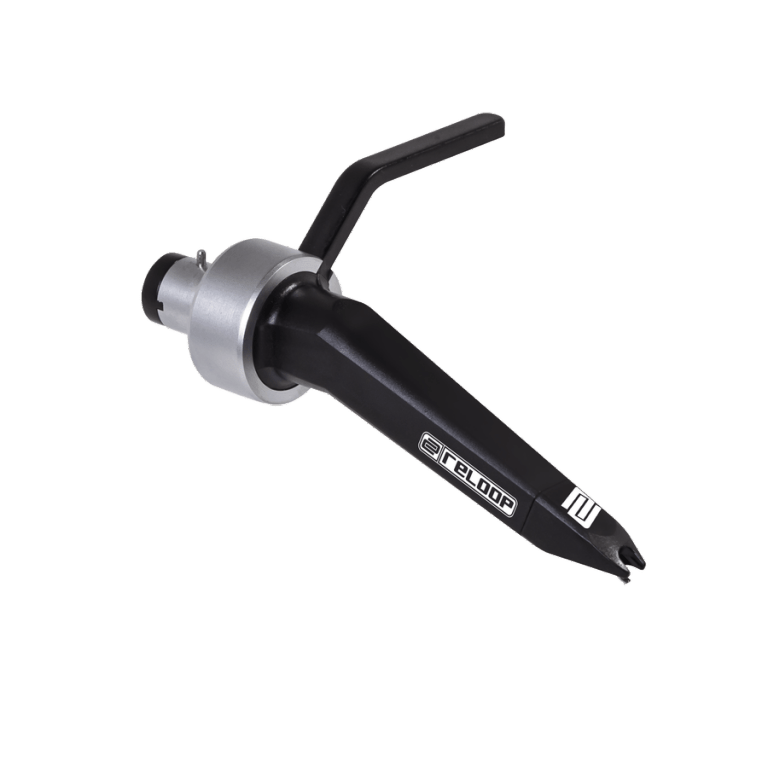 A close-up of the black, Concorde-style Reloop DJ cartridge, designed to mount directly onto a turntable tonearm.