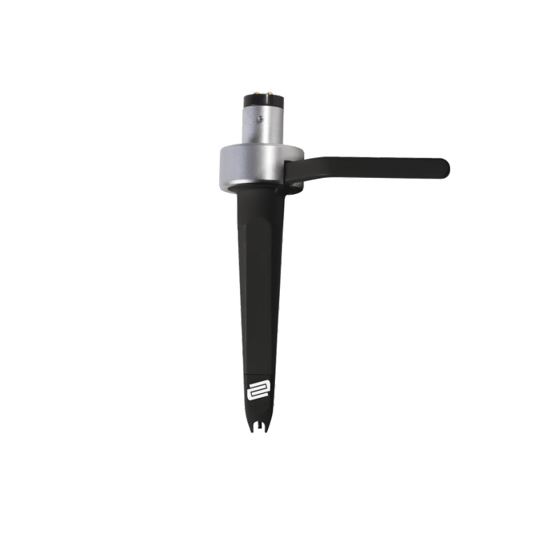 The Reloop Concorde Black, a sleek, all-in-one DJ cartridge and headshell with a spherical stylus for solid tracking.