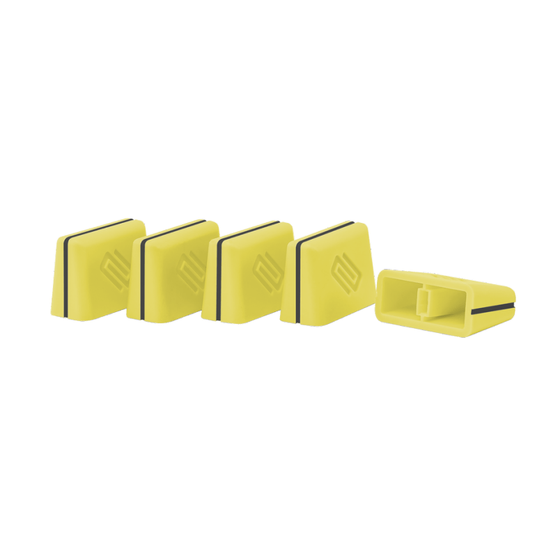Vibrant yellow Reloop fader caps, providing a high-visibility, custom look for your DJ equipment.