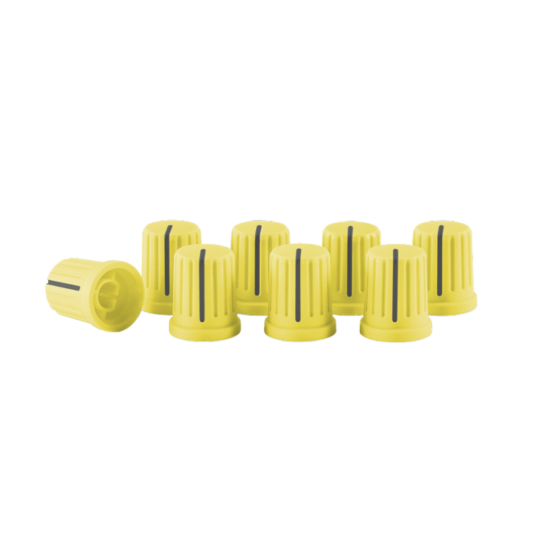 Vibrant yellow replacement knob caps by Reloop, featuring a rubberized grip and clear position markers for DJs.