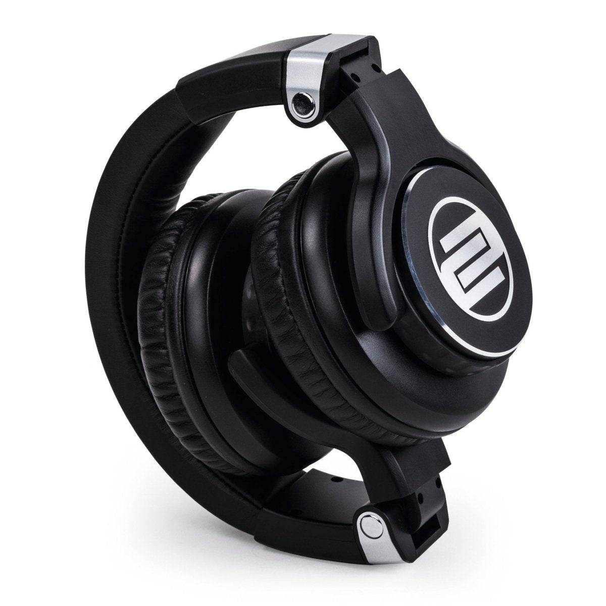 Reloop RHP-15 DJ headphones shown in their compact, collapsed form, demonstrating their portability for traveling DJs.
