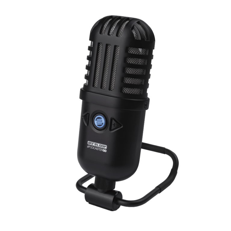 The Reloop sPodcaster Go, a compact USB condenser microphone, shown mounted on its foldable desktop tripod stand for podcast