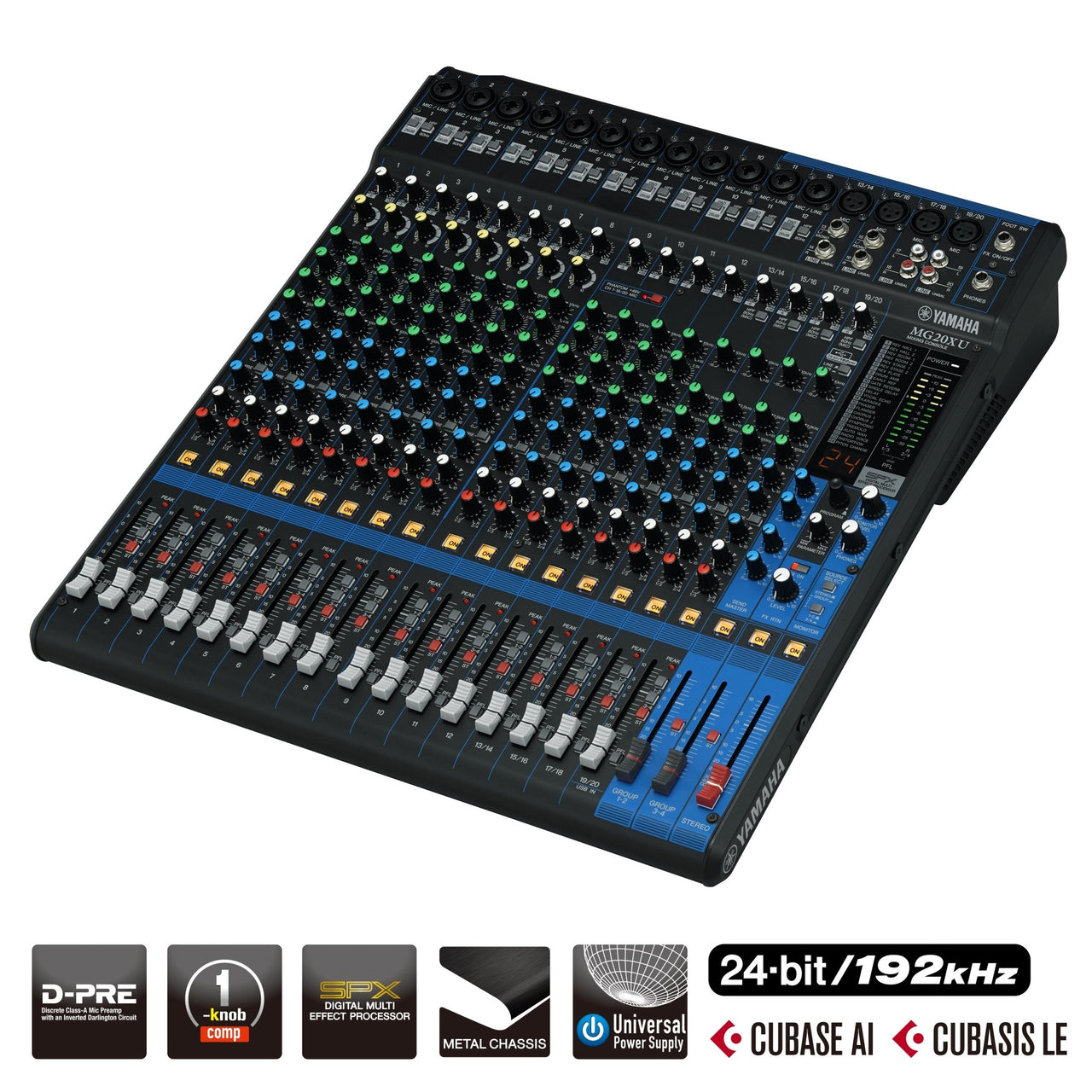 The Yamaha MG20XU, a 20-channel analog mixing console with built-in SPX effects and a USB audio interface